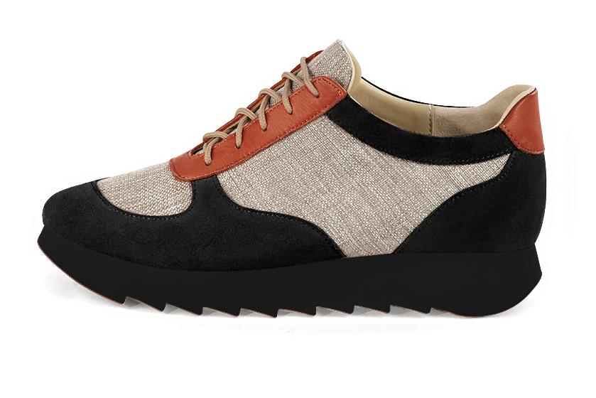 Women's matt black, natural beige and terracotta orange elegant sneakers. Round toe. Thick rubber soles - Profile view